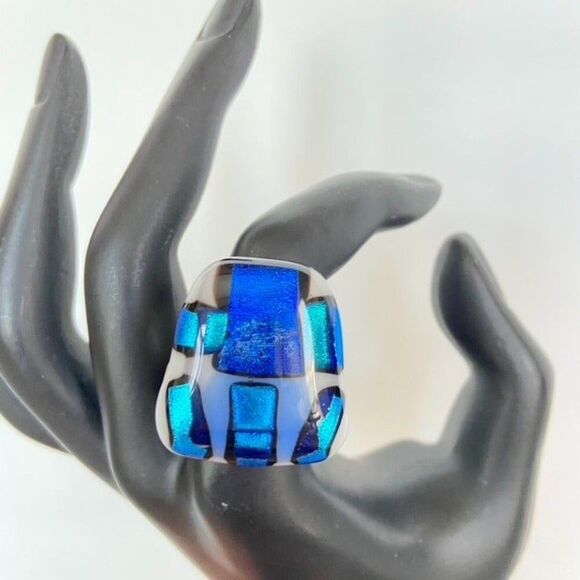 Artisan Handmade Dichroic Glass Blue black Statement Ring 8.5 - Picture 2 of 6